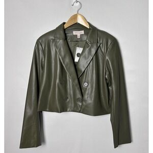 Philosophy Republic Clothing Blazer Womens 12 Green Faux Leather Cropped NWT